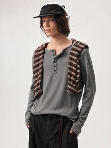 Vaulklash Men's Solid Color Simple Long Sleeve T-Shirt, Casual Daily Wear, Fall - Grey - View 4