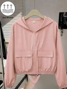 SHEIN 青少年女孩編織純色粉色貼袋短版寬鬆休閒連帽外套，返校休閒外套 - 藕粉色 - 查看 7