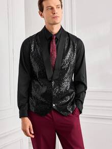 Officeau Men's Black Sequin Waistcoat, Glamorous Tuxedo For Party/Stage/Performance, Gift For Father/Husband - Black - View 5