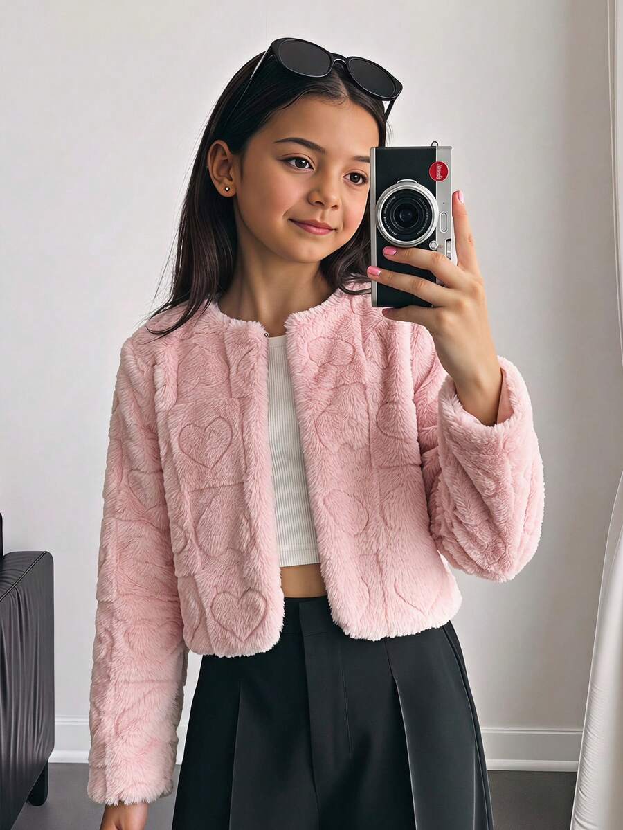 SHEIN SHIEN Tween Girl Heart Textured Solid Pink Fur Jacket, Suitable For Party Autumn Winter Outfit - Pink - View 1
