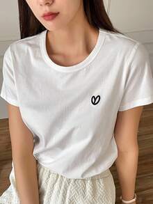 Dazy-Less 女士夏季心形印花圆领短袖休闲T恤商务休闲女士工作服 - 白色 - 查看 2