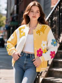 SHEIN Sparklyn 女童休閒時尚百搭春秋款彩色3D花卉拼色寬鬆棒球夾克 - 彩色 - 查看 3
