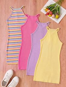 SHEIN Sparklyn Tween Girls Casual Back To School Halter Dress Ribbed - Yellow - View 2