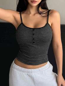 DAZY Striped Fake Collar Padded Cami Top Crop Women Tops - Black - View 8