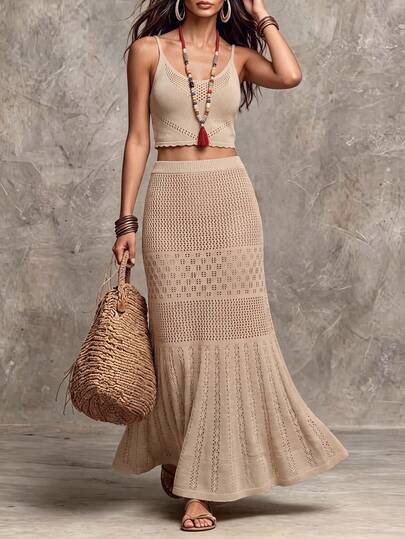 SHEIN Women Spring Summer Beige Hollow Knit Two Piece Set. V-Neck Crop Cami, High Waist Mermaid Skirt. Great Beige Wear For Summer Holiday  Beach Trips