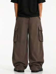 ÉpureWay Men Flap Pocket Side Drawstring Waist Oversize Cargo Pants, Fall Wide Leg - Chocolate Brown - View 2