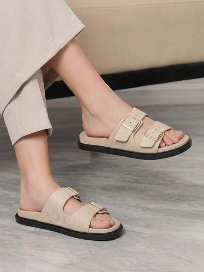 Sleekvia Summer New Belt Buckle Thick Sole Sandals For Women, Soft Leather Outdoor Slippers, Versatile Casual Beach Slouchy Shoes
