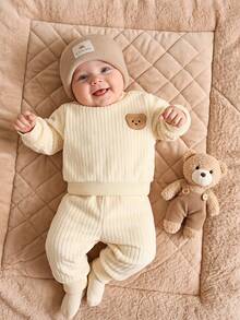 SHEIN 嬰兒/幼兒可愛熊絨毛套裝，冬季保暖內裡加厚戶外兩件式珊瑚絨保暖套裝 - 杏色 - 查看 2