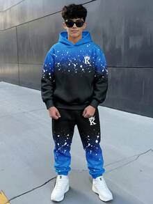 SHEIN 2件組兒童青少年男孩休閒日常百搭舒適藍色漸層印花連帽衛衣寬鬆套頭長袖運動衫與寬鬆慢跑運動長褲針織運動套裝，適合日常穿著、上學、旅行、運動，秋冬季 - 藍色 - 查看 2