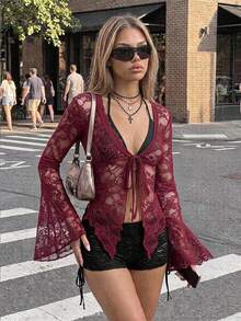 SHEIN ICON Y2k 女款西部乡村音乐会波西米亚嬉皮哥特风透明酒红色性感蕾丝扭纹前长袖开衫 - 酒紅色 - 查看 1