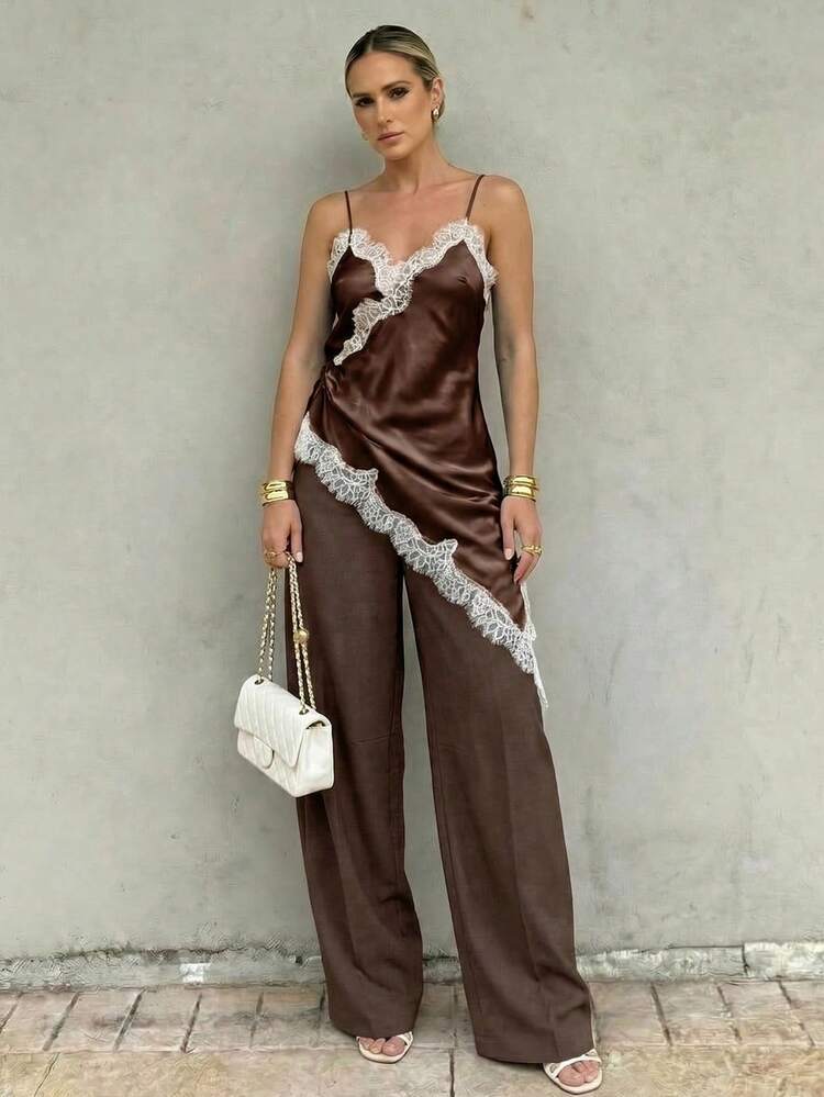 Anewsta Essential Women's Chic Dark Brown Suit Pants,Autumn Office Loose Fit Flared Trousers,Elegant Niche Design For Commuting,,Daily Wear And Parties - Coffee Brown - View 3
