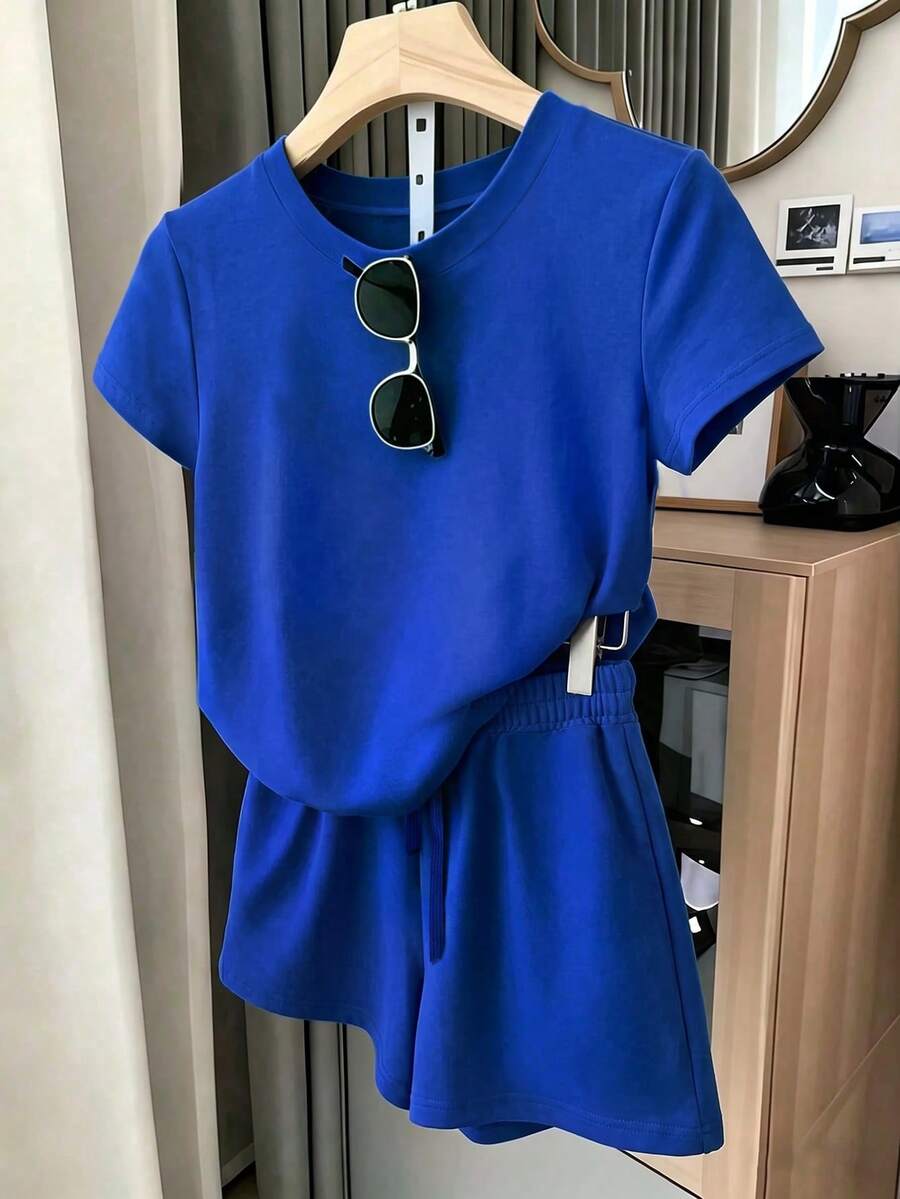 Resyla Women's Solid Color Round Neck Short Sleeve T-Shirt And Drawstring Waist Shorts Casual 2-Piece Set - Royal Blue - View 1