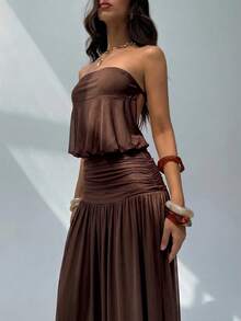 Aloruh Women's Spring/Summer Vacation Date Romantic Sexy Solid Brown Strapless Ruched Waist A-Line Dress - Coffee - View 2
