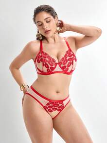 Slumbrini Women's Burgundy Semi-Sheer Mesh Patchwork Embroidered Lace Sexy Underwear Set With Underwire Bra And Low-Waist Panties Red - Burgundy - View 4