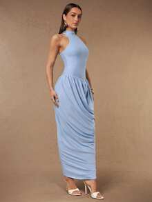 Silquee Women's Solid Color Pleated Sleeveless Fitted Elegant Dress - Lake Blue - View 5