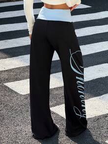 Muchica Navy Blue Letter Print Knit Straight Leg Pants For Women For Going Out, Streetwear, Y2K - Black - View 2