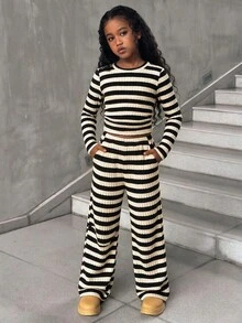 SHEIN Tween女孩抓絨條紋時尚抽褶極簡休閒長袖褲裝套裝 秋冬穿搭 - 彩色 - 查看 3