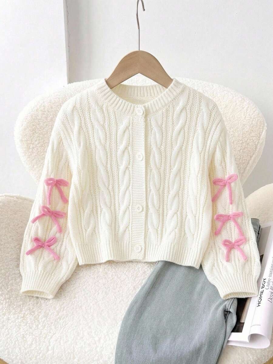 SHEIN 女童針織圓領 3D 蝴蝶結休閒開襟衫 - 彩色 - 查看 1