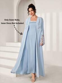 Yasmyna Elegant Blue Contrast Lace Flared Sleeve Open Front Robe, Spring/Summer - Baby Blue - View 5