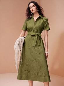 BELROSIE 歐美風春夏新款時尚百搭刺繡特殊面料綁帶優雅度假風女款中長洋裝 - 軍綠色 - 查看 7