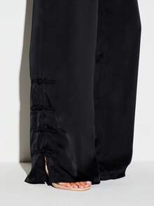 KIZN Frog Clasp Detail Satin Wide Leg Jogger Pants With Drawstring Waist And Side Split Hem - Black - View 7