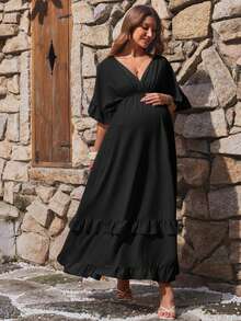 Boho Mama Maternity Vacation Casual Maternity Normal Solid Color Ruffle Hem Dress Photoshoot Summer - Black - View 6