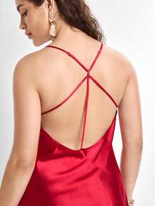 Slumbrini Red Sexy Satin Backless Halter Neck Plus Size Nightgown Red - Red - View 3