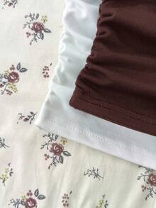 Teen Girls T-Shirts Brown & White Knitted Ruched Waist Square Neck Long Sleeve Inner Layer Multi-Piece Set - Multicolor - View 4
