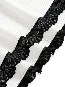 ROMWE Ribbed Lace Trim Camisole & Shorts Casual Pajama Set - Black and White - View 3