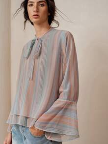 Frievida Elegant French Vintage Commuter Casual Striped Bell Sleeve Women's Blouse Office Dusty Pink Autumn - Multicolor - View 7