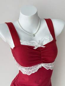 DAZY Women's Lace Patchwork Bow Decor Casual Versatile Daily Wear Top - Burgundy - View 4