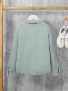 SHEIN Little Byeori 青少年男孩休閒寬鬆開襟純色長袖襯衫，休閒穿搭 - 墨綠色 - 查看 2