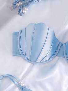 Swim SXY 夏季新品 INS 性感綁帶三角比基尼，美人魚貝殼包，螢光淺藍色 2 件式泳裝配珍珠飾品，海洋度假海灘比基尼套裝，甜美女孩水療海灘度假泳裝，生日派對度假海灘比基尼 - 淺藍色 - 查看 5
