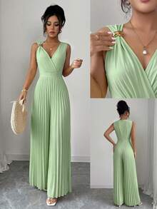 Elenzga Women's Spring/Summer Elegant Commuter Yellow V-Neck Sleeveless Metal Buckle Pleated Waist Cinched Ruched Design Fitted Slim Jumpsuit - Green - View 1