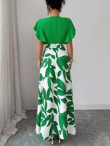 Elenzga Women's Elegant Burgundy Red Leaf Pattern Ruched Cap Sleeve Fitted Flared Dress, Spring/Summer - Green - View 2