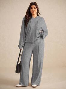 Elaquor Plus Size Solid Color Hooded Neck Long Sleeve Top And Pants Casual 2 Pieces Set Fall - Grey - View 8