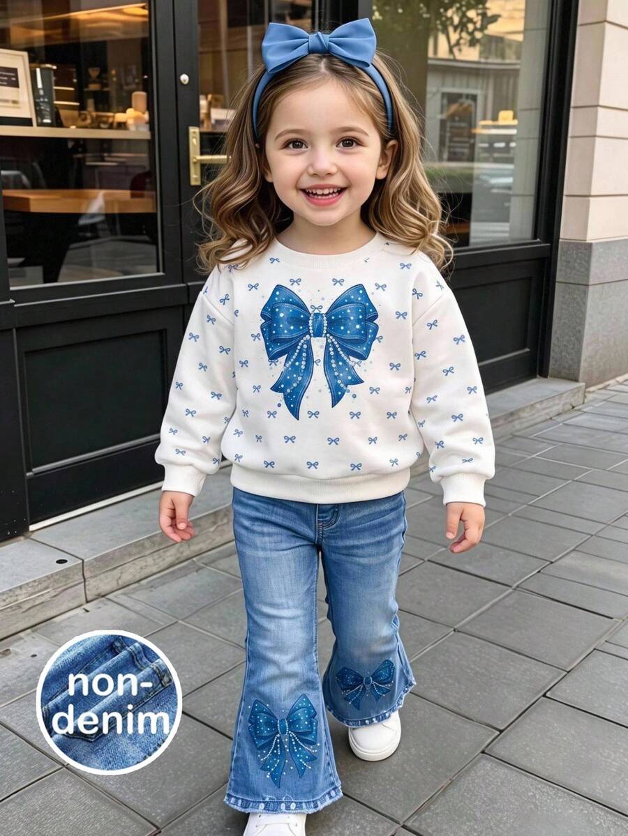 SHEIN Baby Girl Knitted Round Neck Fitted Bow Pattern Sweatshirt And Flared Long Pants 2 Pieces Set - Multicolor - View 1