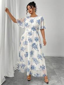 Modelyn Women's Plus Size Elegant Spring/Summer Round Neck Ruffle Bell Sleeve Fitted Drapey Chiffon Dress - Multicolor - View 4