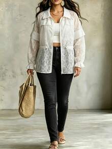 Linhara CURVE Plus Size Women's All-Over Print Zip-Up Casual Versatile Daily Wear Long Sleeve Jacket Fall - White - View 7