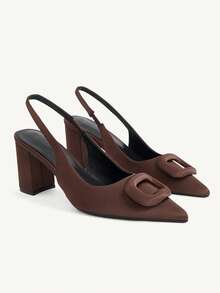CUCCOO CHICEST Women's All-Season New Pointed Toe Chunky Heel High Heel Pumps With Fabric Buckle Design, Sexy Elegant Fashionable Open Back Shoes For Dating, Afternoon Tea, Party, Evening Banquet, Daily Commute Fall Shoes - Coffee Brown - View 1