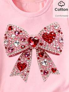 Souflis Souflis Kaos Pendek Musim Panas Warna Pink Modis untuk Anak Perempuan, Cocok untuk Ulang Tahun Pertama, Atasan Dasar Minimalis dengan Motif Pita Mengkilap, Pakaian Kasual Sehari-hari yang Nyaman - Berwarna merah muda - View 6