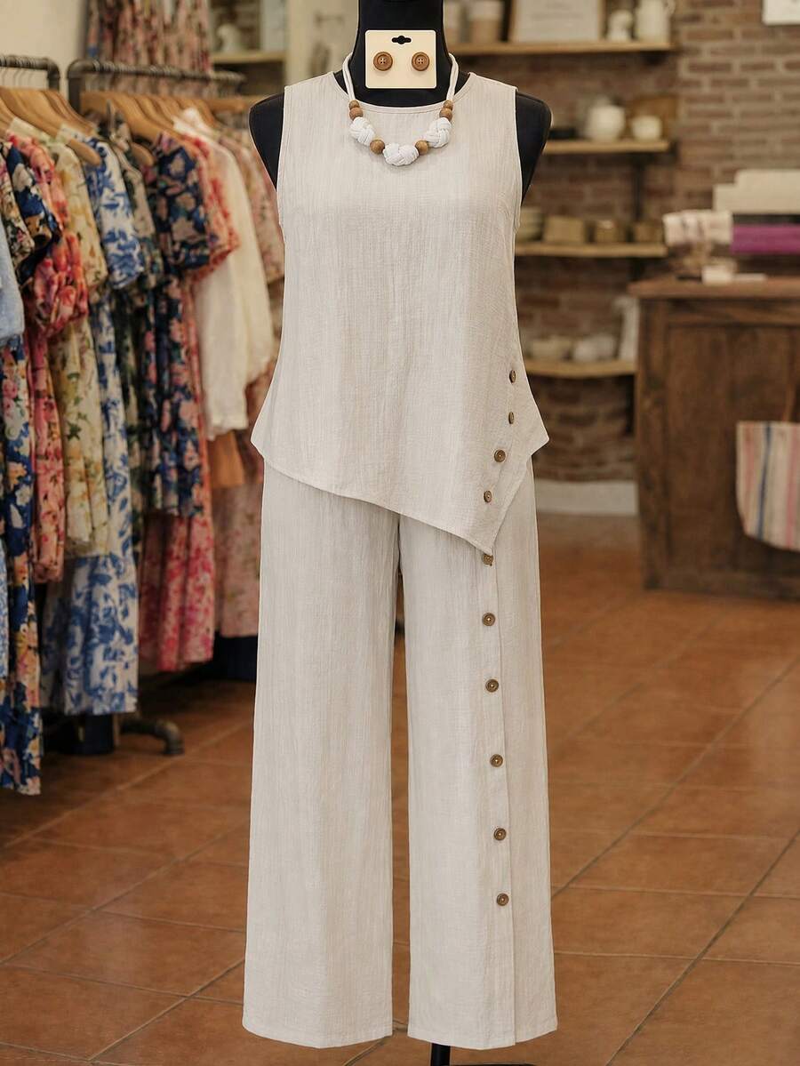 SHEIN LUNE CURVE 大尺碼素色背心上衣與長褲兩件套,杏色夏季休閒度假上班穿搭 - 杏色 - 查看 1
