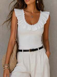 Solivie Women's Solid Color Patchwork Ruffle Trim Fitted Sleeveless Top Vacation White Summer Elegant - White - View 5