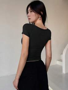 DAZY Square Neck Short Sleeve Button Decor Slim Fit Black Ribbed Knit Cotton Blend Versatile Women's T-Shirt Summer - Black - View 2