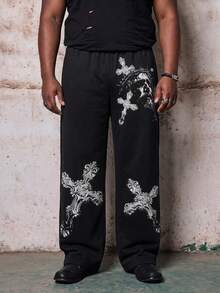 Skyrend Plus Size Loose Fit Men's Casual Sports Sweatpants, Drawstring Design, Comfortable & Versatile Gothic Punk Streetwear For Emo Boy Grunge - Black - View 2