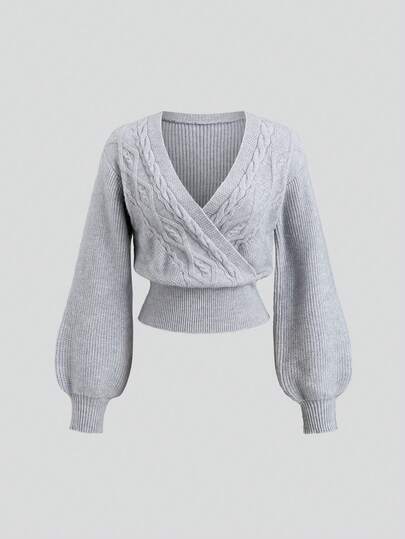Sweetra Grey V-Neck Cross-Over Cable Knit Sexy Elegant Vintage Fashion Urban Commute Waist-Cinching Lantern Sleeve Short Sweater For Women