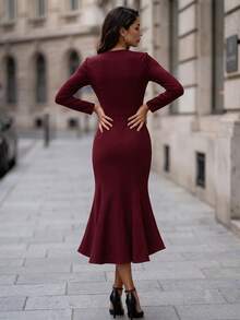 Editum Women's Elegant Commute Office Solid Color Mermaid Mid-Length Dress Burgundy Autumn Halloween New Year Party - Red Violet - View 2