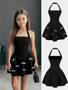 SHEIN Firerie Kids فستان أنيق بياقة حلقية مناسب للفتيات المراهقات، أسود، بفيونكة، للربيع/الصيف - الأسود - مشاهدة 1