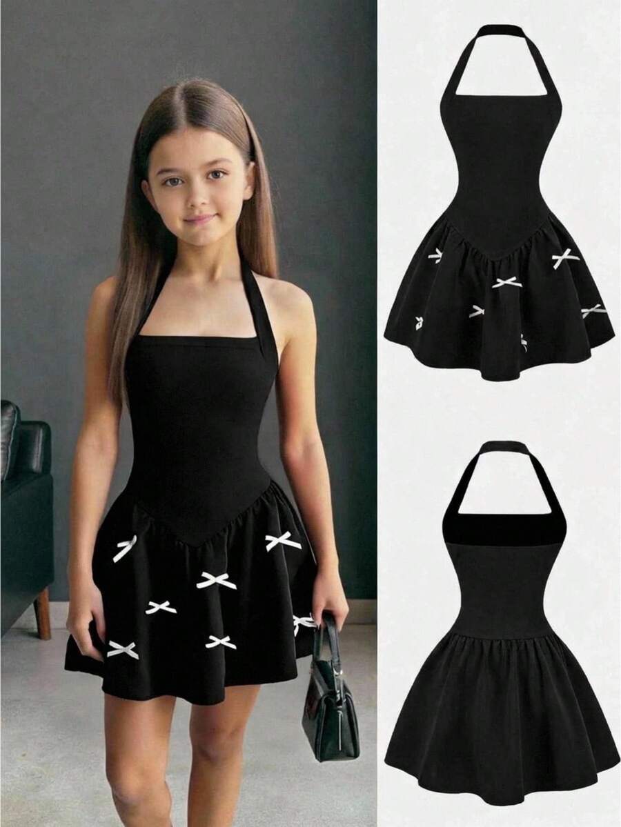 SHEIN Firerie Kids فستان أنيق بياقة حلقية مناسب للفتيات المراهقات، أسود، بفيونكة، للربيع/الصيف - الأسود - مشاهدة 1