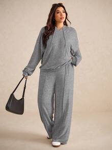 Elaquor Plus Size Solid Color Hooded Neck Long Sleeve Top And Pants Casual 2 Pieces Set Fall - Grey - View 1